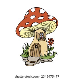 Mushroom house, cute magical character. Hand drawn illustration. Vector