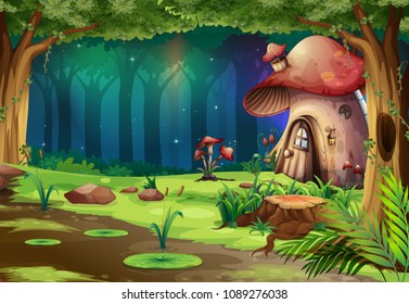 Mushroom House in the Dark Forest illustration