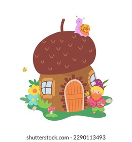 Mushroom house and dwarf, snail and bird. Cartoon magic childrens print, fantasy fairy tale forest vector composition