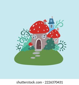 Mushroom house in the enchanted forest. Fairy forest with magical objects and wonders. Bright flat vector illustration.