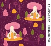 Mushroom house endless background. Paths in the forest with trees and mushrooms. Fairytale pattern.