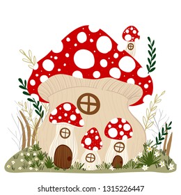 Mushroom House in Fairy Garden Illustration Vector.