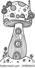 Mushroom House in Fairy Garden Illustration Vector.
