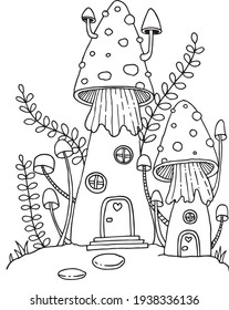 Mushroom House in Fairy Garden Illustration Vector.