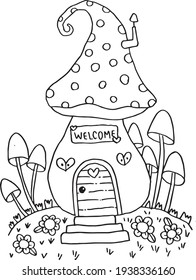 Mushroom House in Fairy Garden Illustration Vector.