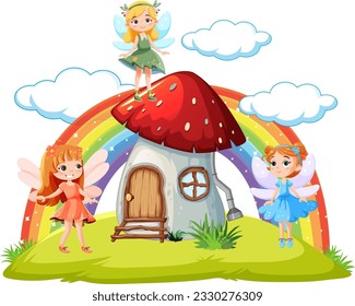 Mushroom house fairy tale with fairy cartoon illustration
