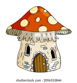 Mushroom house. Fairy tale children drawing. Fabulous natural dwelling. Cute cartoon illustration