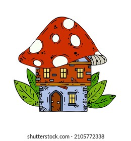 Mushroom house. Fairy tale children drawing. Fabulous natural dwelling. Cute cartoon illustration