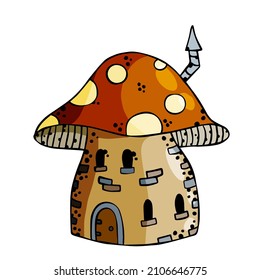 Mushroom house. Fairy tale children drawing. Fabulous natural dwelling. Cute cartoon illustration