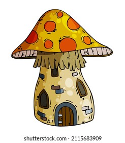 Mushroom house. Fairy tale children drawing. Fabulous natural dwelling. Cute cartoon illustration