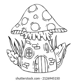 Mushroom house. Fairy tale children drawing. Fabulous natural dwelling. Cute cartoon illustration