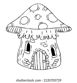 Mushroom house. Fairy tale children drawing. Fabulous natural dwelling. Cute cartoon illustration