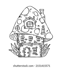 Mushroom house. Fairy tale children drawing. Fabulous natural dwelling.