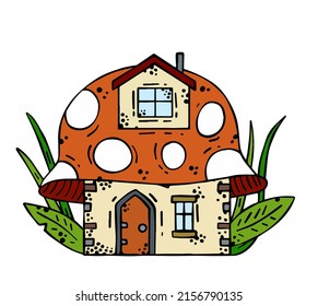 Mushroom house. Fairy tale children drawing. Fabulous natural dwelling. Cute cartoon illustration