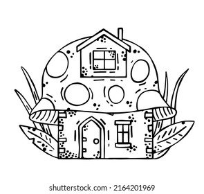 Mushroom house. Fairy tale children drawing. Fabulous natural dwelling. Cute cartoon illustration for coloring book