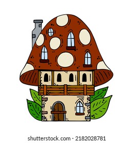 Mushroom house. Fairy tale children drawing. Fabulous natural dwelling. Cute cartoon illustration