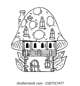 Mushroom house. Fairy tale children drawing. Fabulous natural dwelling.