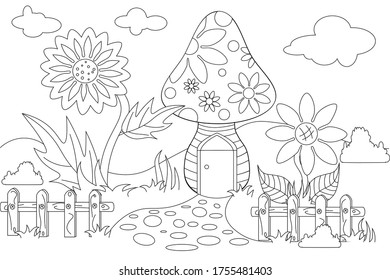 Mushroom house with flower gardens, coloring books for kids