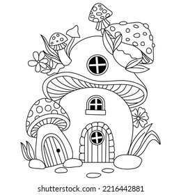 Mushroom house   flowers the top outline artwork coloring pages
