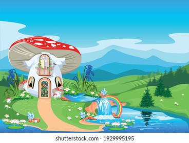 A mushroom house in a fly agaric with a balcony and a stained-glass door stands in a flower meadow near a waterfall with a rainbow against the background of blue sky and mountains. Background vector i