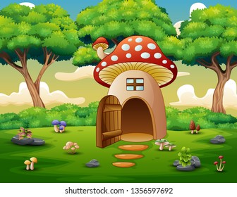 Mushroom house in the forest background