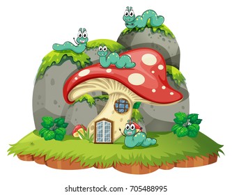 Mushroom house with four caterpillars illustration