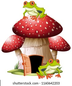 Mushroom house with frogs illustration