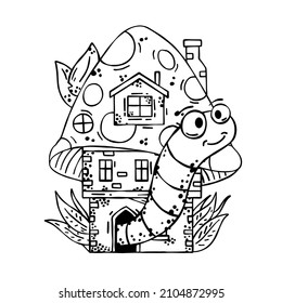 Mushroom house with funny caterpillar. Fairy tale children drawing. Fabulous natural dwelling with cute worm. Fun coloring book