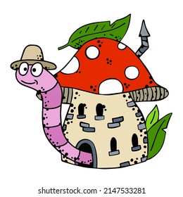 Mushroom house with funny caterpillar. Fairy tale children drawing. Fabulous natural dwelling with cute worm. Fun cartoon illustration