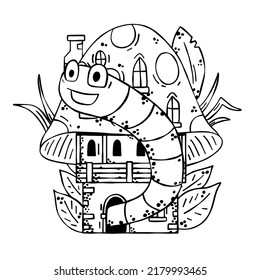 Mushroom house with funny caterpillar. Fairy tale children drawing. Fabulous natural dwelling with cute worm. Fun coloring book
