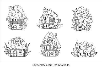 Mushroom house with funny caterpillar. Fairy tale children drawing. Fabulous natural dwelling with cute worm. Fun cartoon illustration