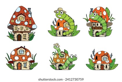 Mushroom house with funny caterpillar. Fairy tale children drawing. Fabulous natural dwelling with cute worm. Fun cartoon illustration