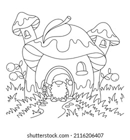 Mushroom house and garden gnome. Coloring book page for kids. Cartoon style character. Vector illustration isolated on white background.