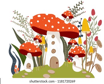 Mushroom House in Garden Illustration Vector.