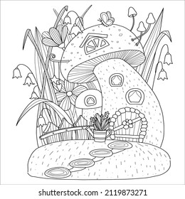 Mushroom house with grass, flowers, fence and watering can. Hand drawn coloring page.