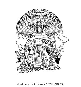 Mushroom house hand drawn vector illustration. Fairy composition outline drawing. Childrens ink pen sketch. Black and white fairytale doodle clipart. Isolated coloring book, linear design element