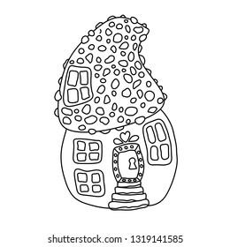 Mushroom house hand drawn vector illustration. Fairy composition outline drawing. Childrens ink pen sketch. Black and white fairytale doodle clipart. Isolated coloring book, linear design element