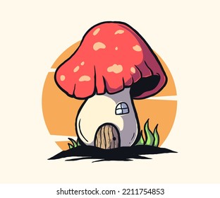 mushroom house illustration vector logo design, hand drawn style.
