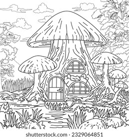 Mushroom house in the middle of forest. Mushroom house coloring activity. A little fairy mushroom house among the forest tree, coloring book.