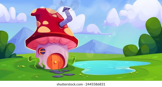 Mushroom house near lake in mountain valley. Vector cartoon illustration of cute fairytale dwarf hut with round window and door, chimney on roof, flowers, green grass and trees, clouds in blue sky