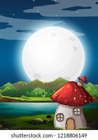 Mushroom house at night illustration