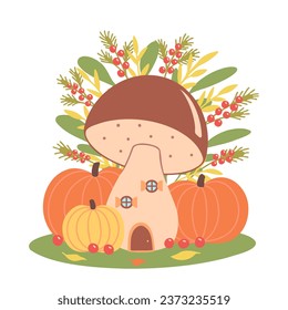 mushroom house with pumpkins, autumn landscape. Vector Illustration for printing, backgrounds and packaging. Image can be used for greeting cards, posters and stickers. Isolated on white background.