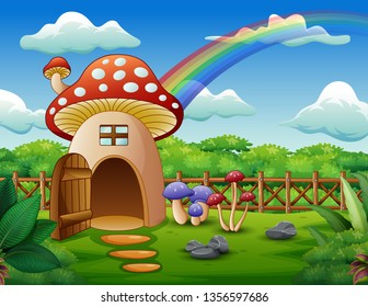 Mushroom house with a rainbow in the field