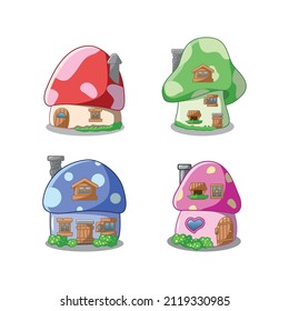 mushroom house set collection. red, pink, green, blue mushroom house cartoon fantasy illustration