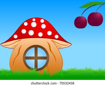 The mushroom house standing in a grass on a green meadow against the blue sky and two cherries