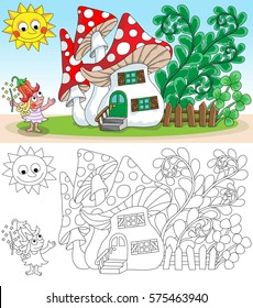 Mushroom house. Vector color cartoon illustration and coloring book page.
