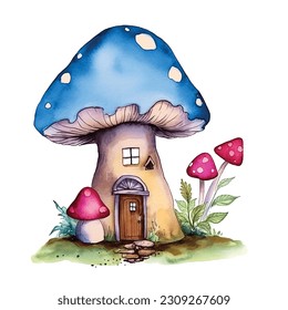Mushroom house watercolor painted ilustration