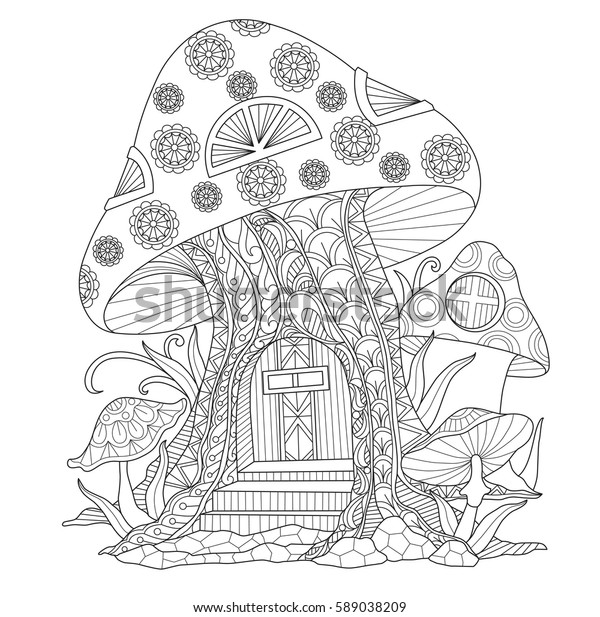 キノコの家 白い背景にゼンタングル風の漫画 大人向けの塗り絵本 Tシャツのエンブレム ロゴ タトゥー ゼンタングルデザインエレメント用の手描きのスケッチイラスト のベクター画像素材 ロイヤリティフリー