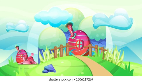 
Mushroom houses in the garden illustration - Vector