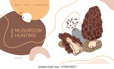 Mushroom hunting web site header or banner vector template. Modern abstract organic shapes, morel mushroom illustration and text samples.